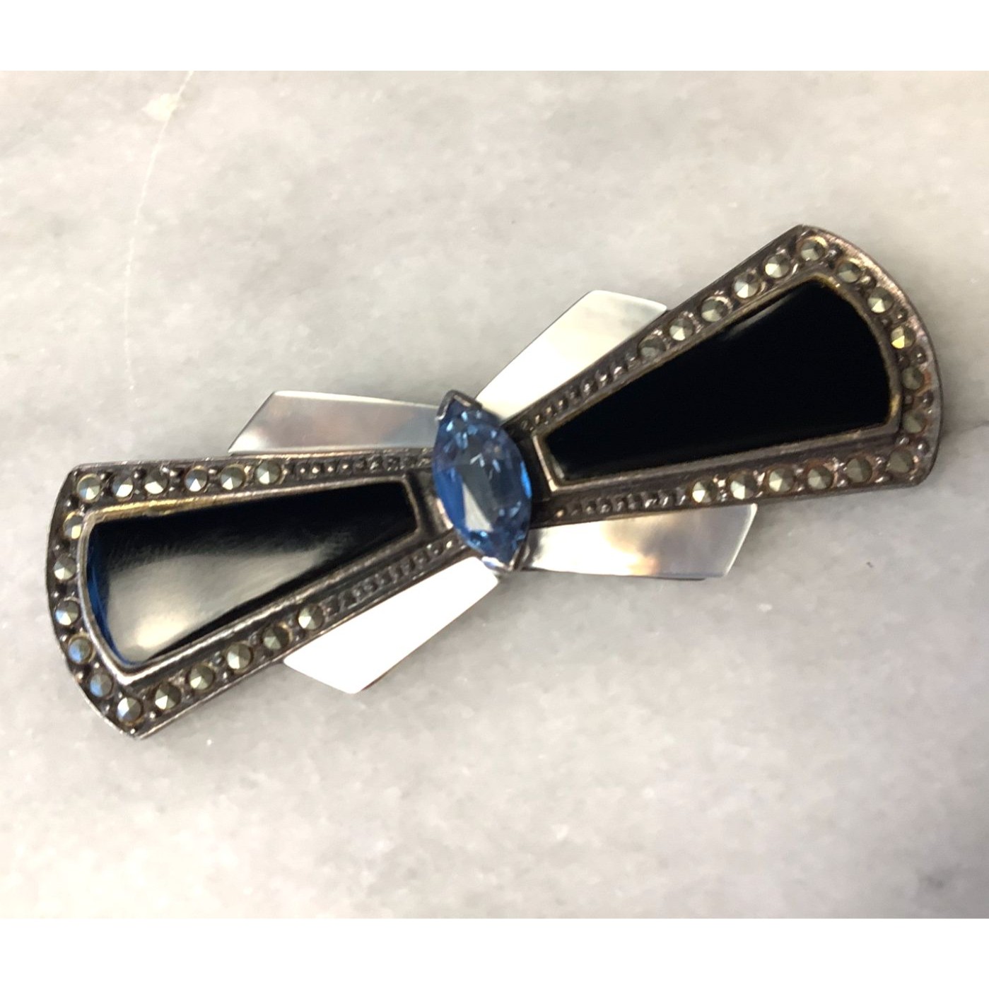 Vintage Bow Brooch Sterling Silver Mother Of Pearl Marcasite Pin Art Deco Signed